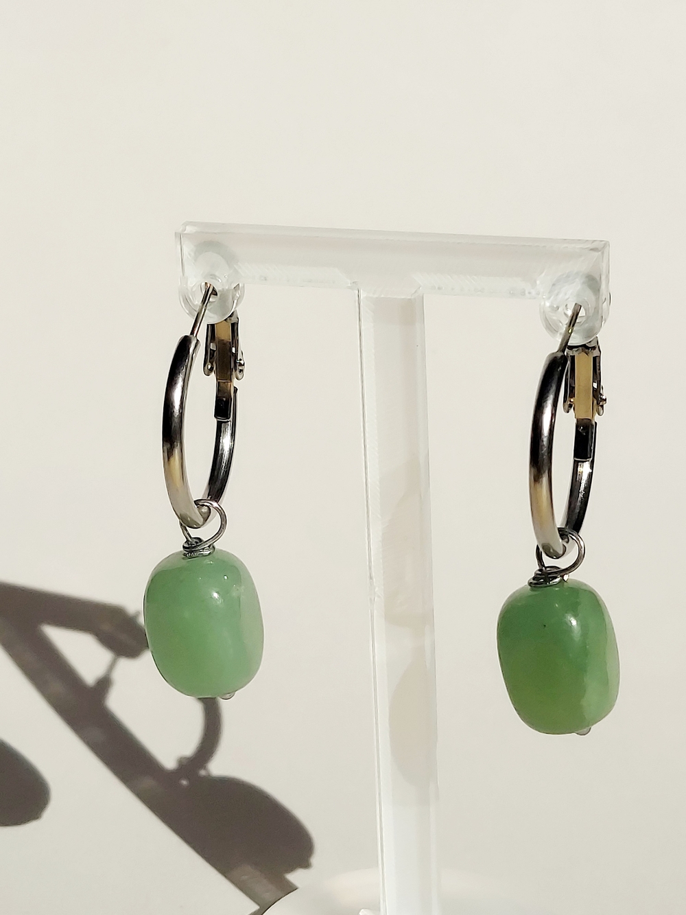 Green Stone Aventurine Hoop Drop Earrings In Stainless Steel- Women Jewelry